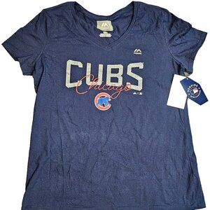 NEW Women Large L  Chicago Cubs short sleeve shirt top silver sparkle blue MLB m